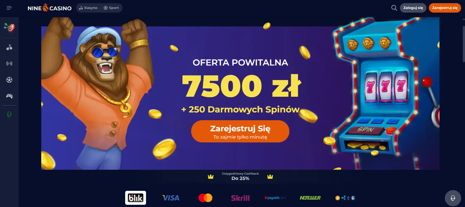Polska strona główna NineCasino z ofertą powitalną i nawigacją